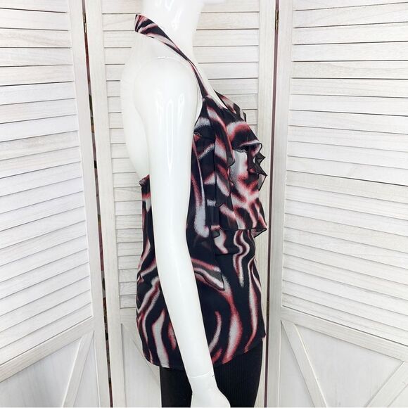 Bebe Printed Silk Chiffon Ruffle Trim Halter Neck Blouse Pink Black XS - Picture 3 of 12